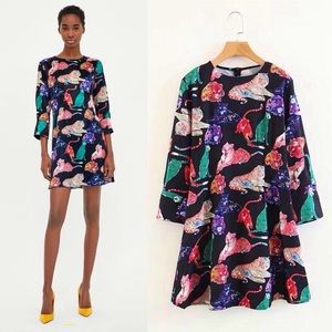 NWOT Zara Black Silk Big Cat Pattern Mini D…